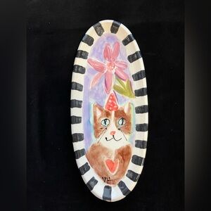 Hand Painted Ceramic Serving Tray” Cat w/Flower Design 13”X5.5”Original